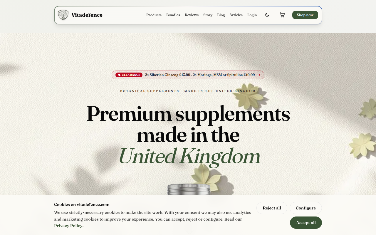 The home page of vitadefence.com, as it was when the checks ran.