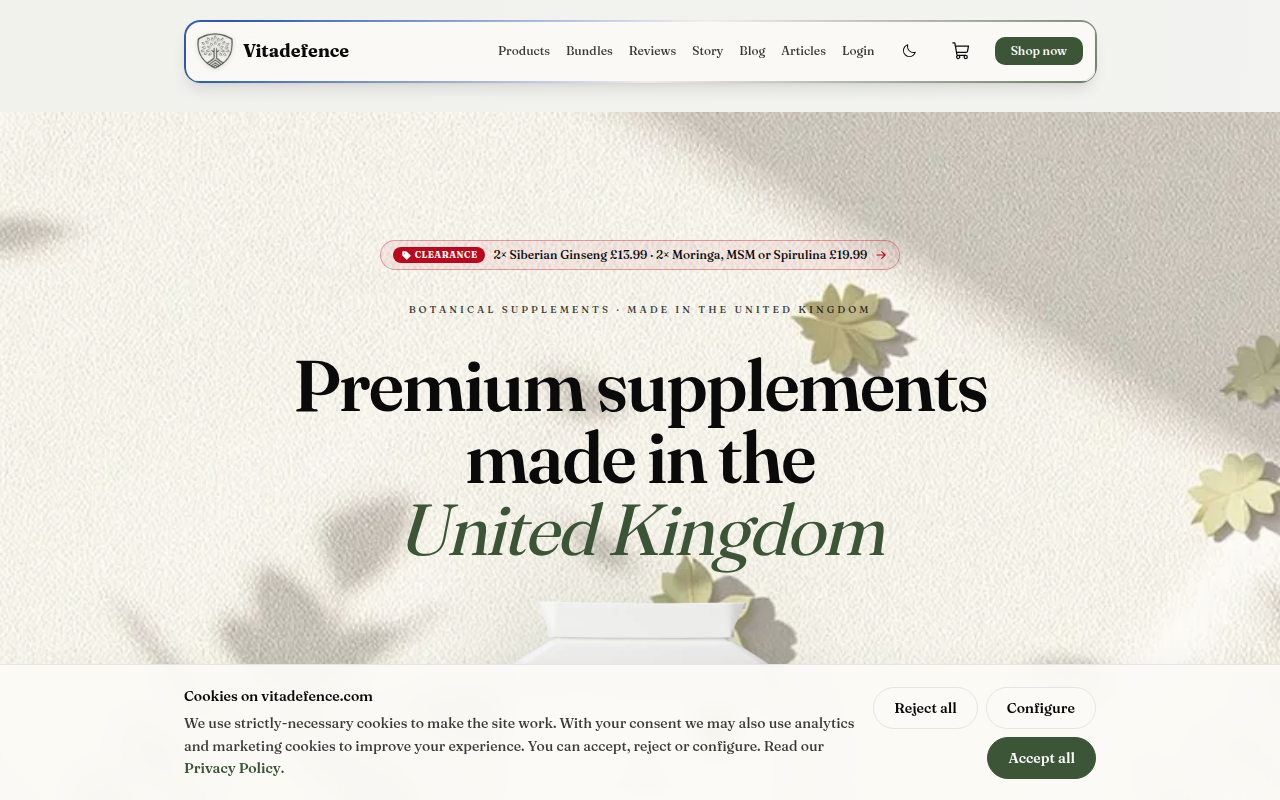 The home page of vitadefence.com, as it was when the checks ran.